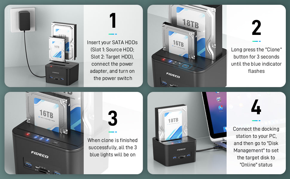 FIDECO Docking Station, USB 3.0 Hard Drive Docking Station for 2.5 and 3.5 inch SATA HDD or SSD, Support Offline Clone, TF & SD Card Reader, and 2x 18TB Hard Drives