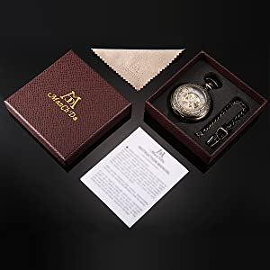 ManChDa Mens Pocket Watch Special Magnifier Mechanical Hand Wind Half Hunter Roman Numerals Antique Fob Watch with Chain + Gift Box(Bronze/Black)