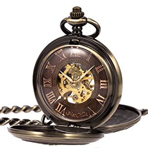 ManChDa Mens Pocket Watch 3D Steam Train Railroad Pattern Mechanical Movement for Men + Gift Box(Bronze)