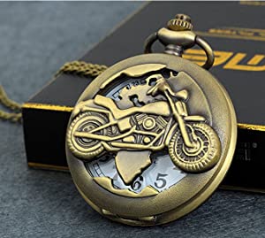 Jewelrywe Steampunk Pocket WatchBronze Biker Motorcycle Motorbike Moto Pocket Watch Necklace Pendant Mens Boys